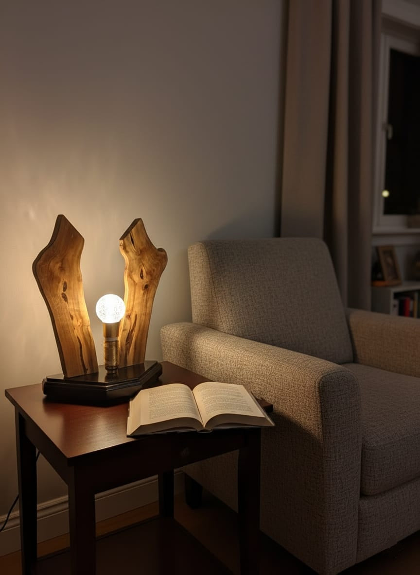 Veioza artizanala din lemn de nuc